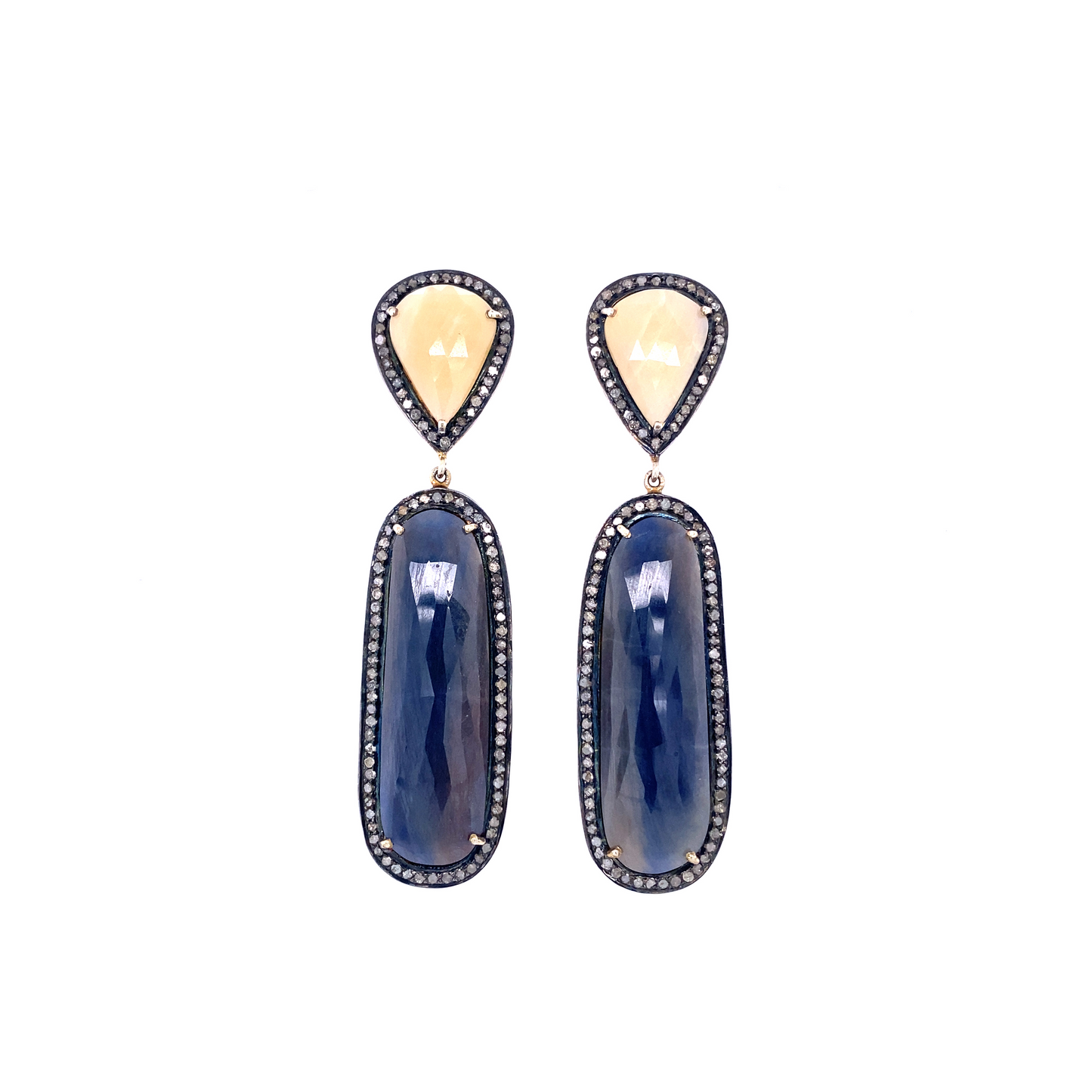 Yellow and Blue Pave Real Diamond Double Drop Earrings