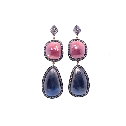 Red and Blue Sapphire and Diamond Slice Triple Drop Earrings
