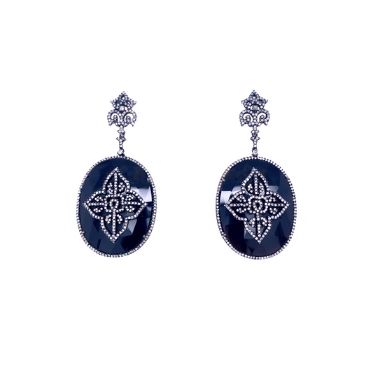 Black Onyx Oval Diamond Drop Earrings