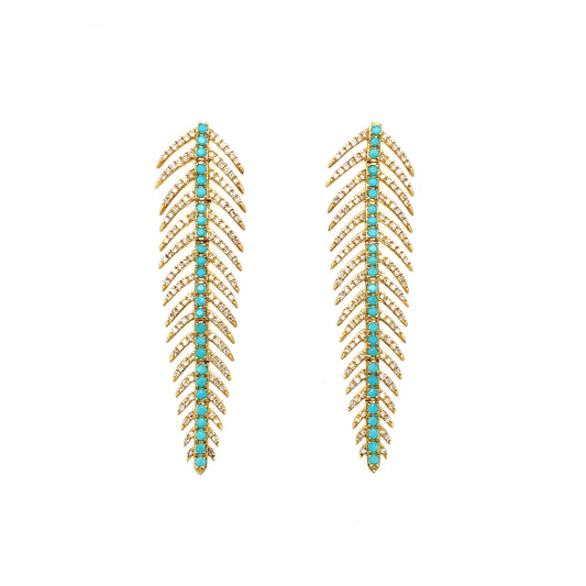 Gold & Diamond Feather Turquoise Earrings