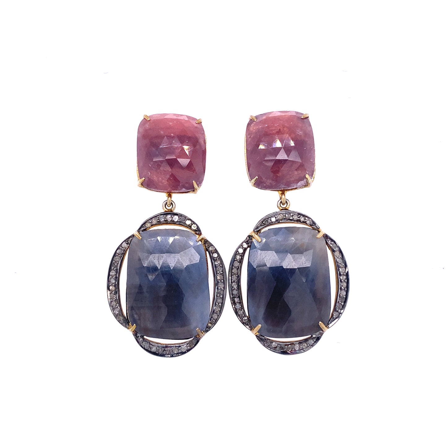 Red and Blue Sapphire and Diamond Slice Double Drop Pierced Earrings