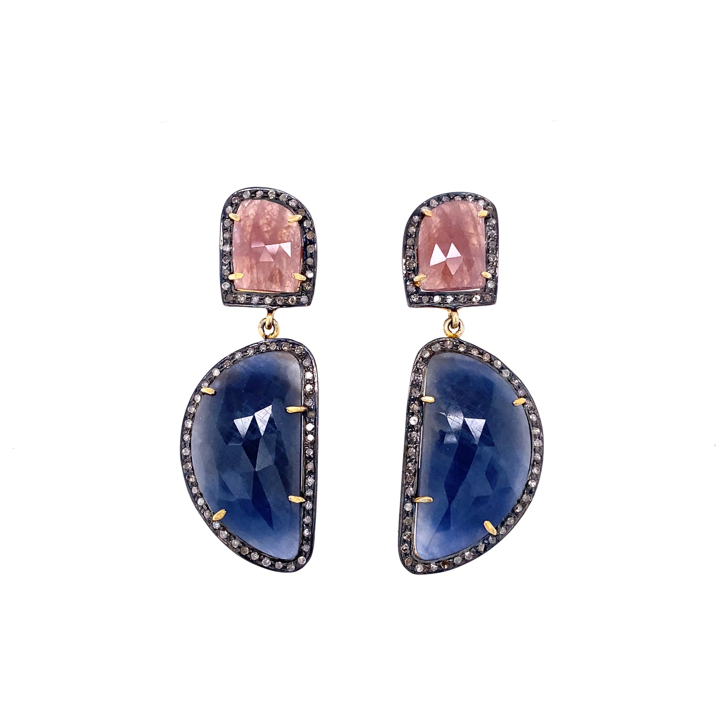 Red and Blue Sapphire and Diamond Slice Drop Pierced Earrings