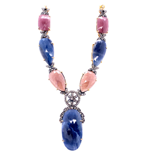 Red and Blue Sapphire and Diamond Slice Necklace