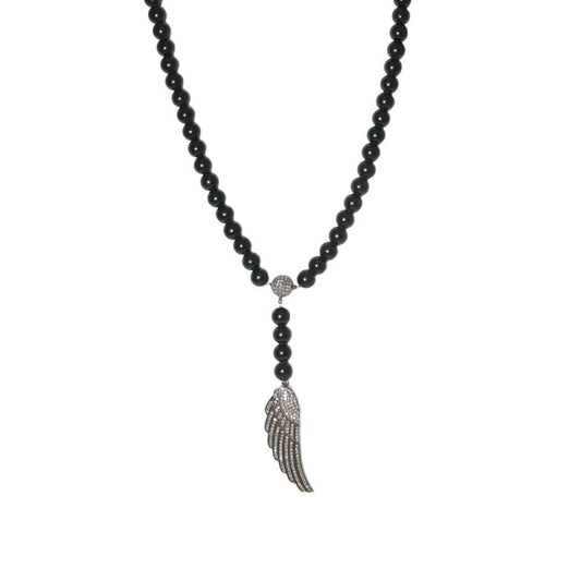 Black Onyx Beaded Necklace with Half Wing Pendant Oxidized Gold Diamond