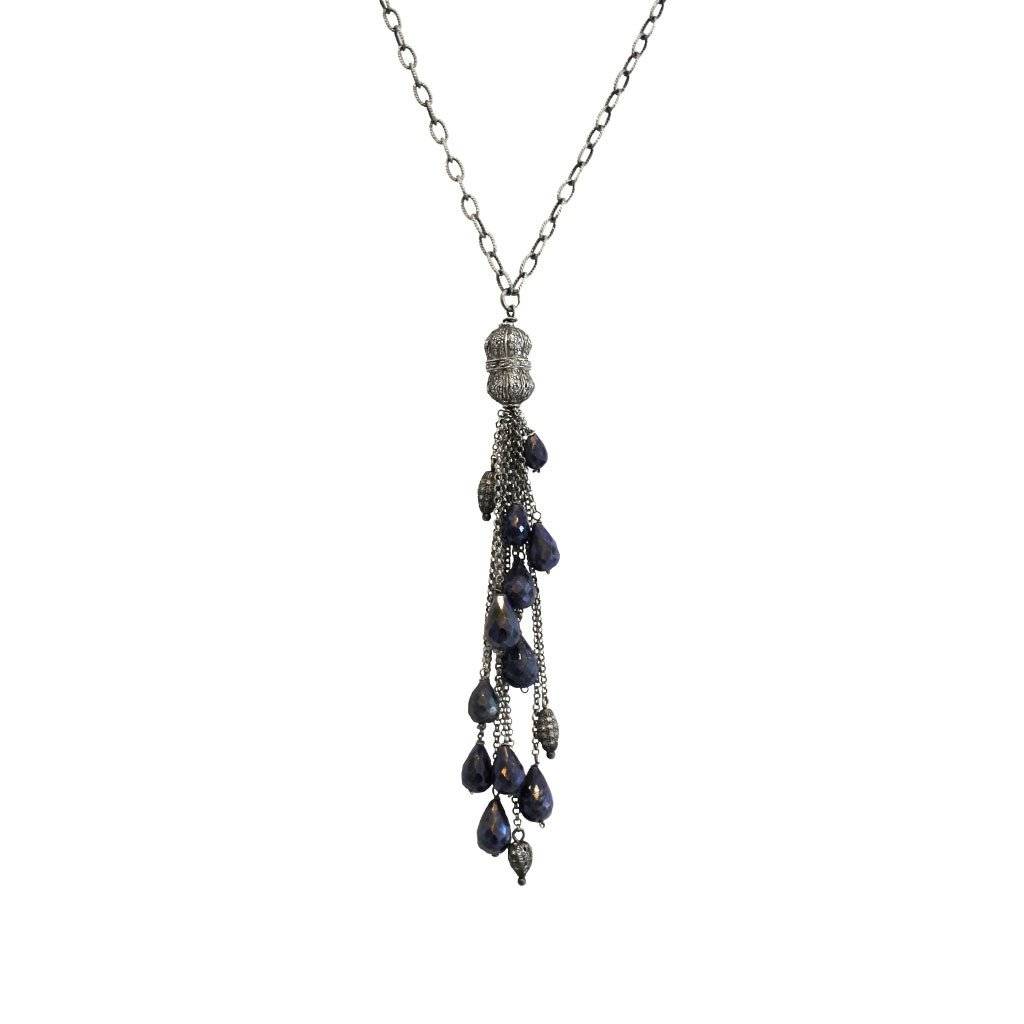 Rhodium & Sapphire Charm Black Crystal Tassel Necklace